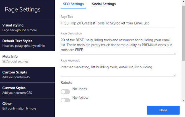 meta data settings